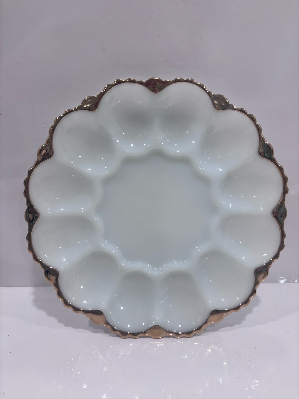 Vintage white milk glass deviled egg plate gold trim 12 egg tray platter 11”